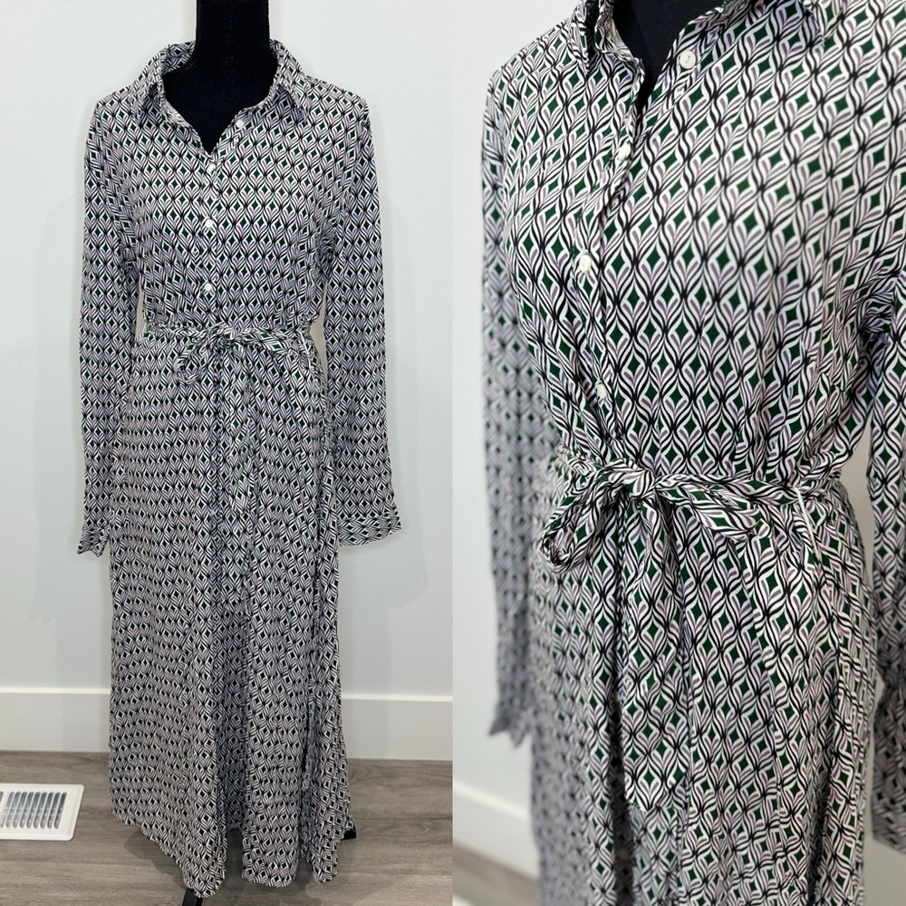 Stradivarius Belted Long Sleeve Maxi Front Button Up Side Slit Dress (Large)